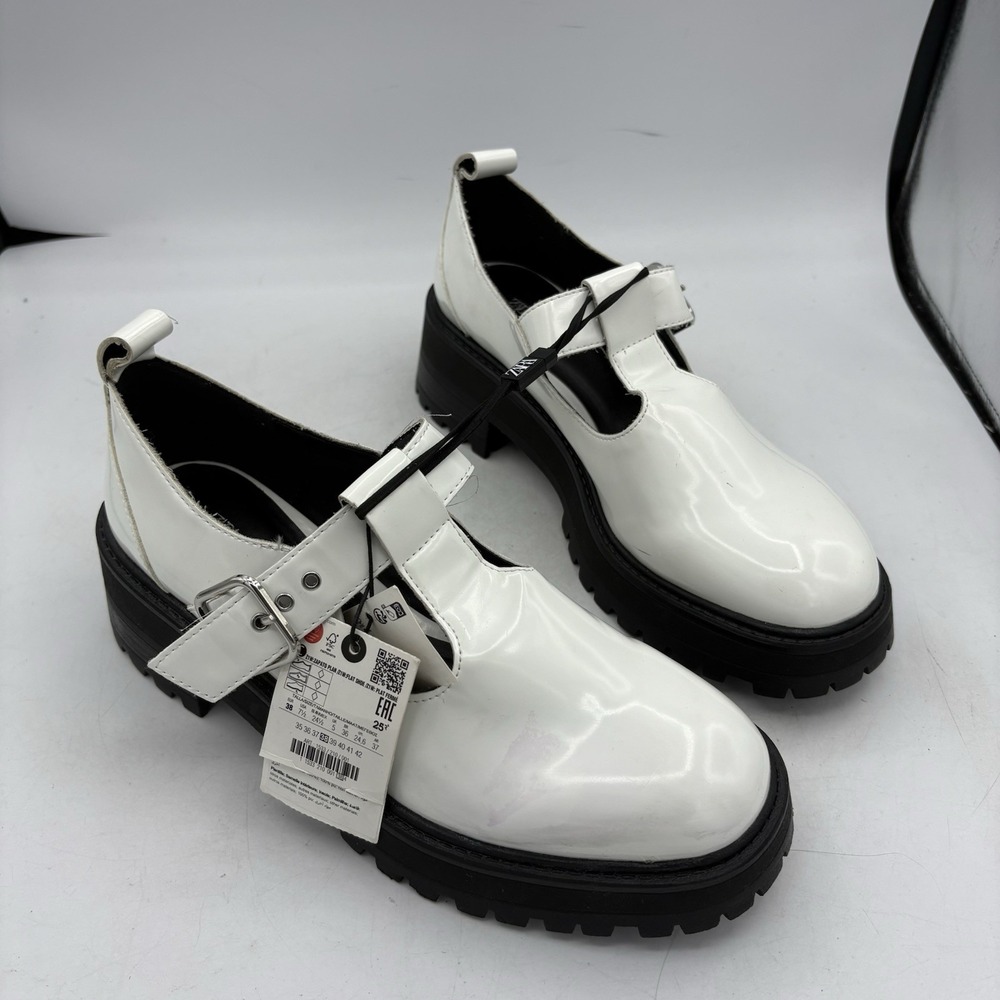 Zara Shoes Womens Size 7.5 Lug Chunky Sole Mary Jane White Platform T-Strap